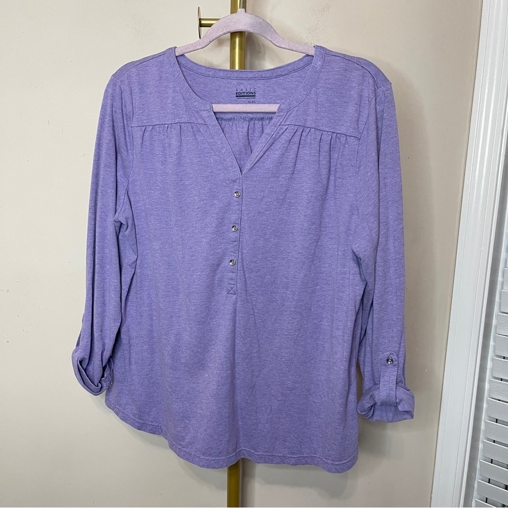 BASIC EDITIONS Lavender Roll-Tab Long-Sleeve Split Neck Top, XL